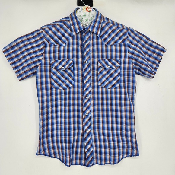 Wrangler Other - Wrangler Shirt Mens Medium Pearl Snap Western Short‎ Sleeve Rodeo Plaid Blue